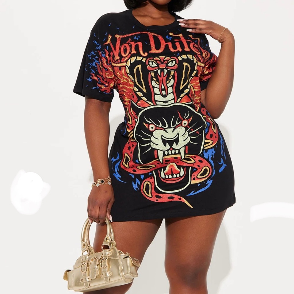SOLD!!!! Von Dutch Black T-Shirt Dress with Red and Blue Graphics
